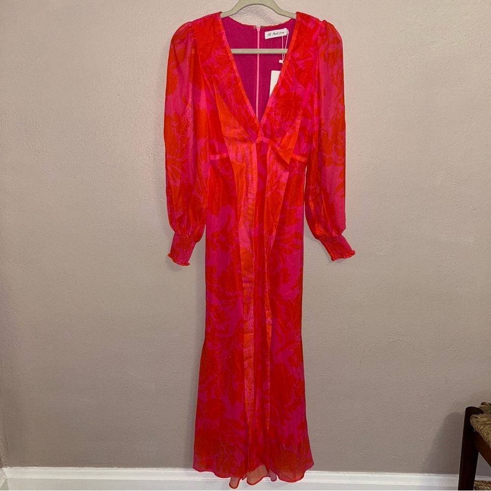 All about may Pia pink floral maxi/ midi dress w/ billowed sleeves